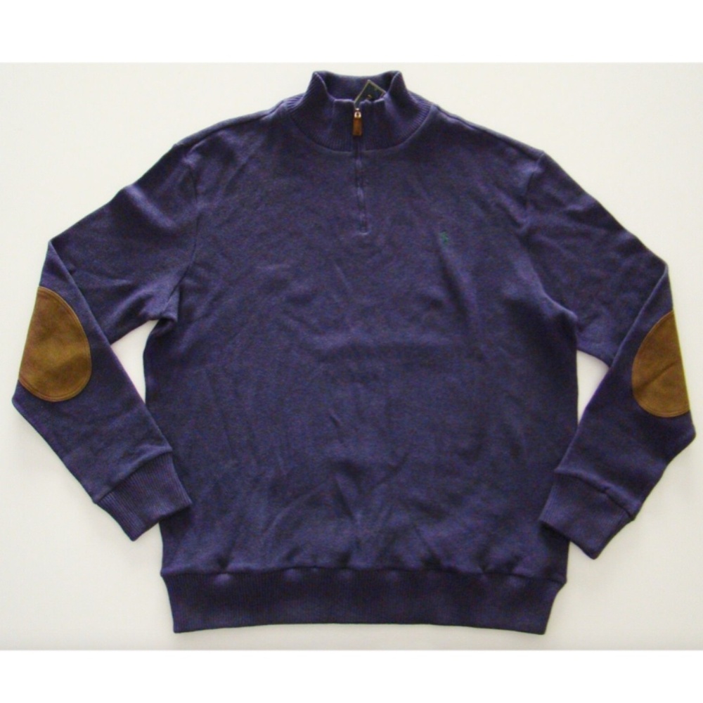 $165 Nwt Polo Ralph Lauren Mesh Cotton 1/4 Zip Suede Patch Pony Sweater Shirt S
